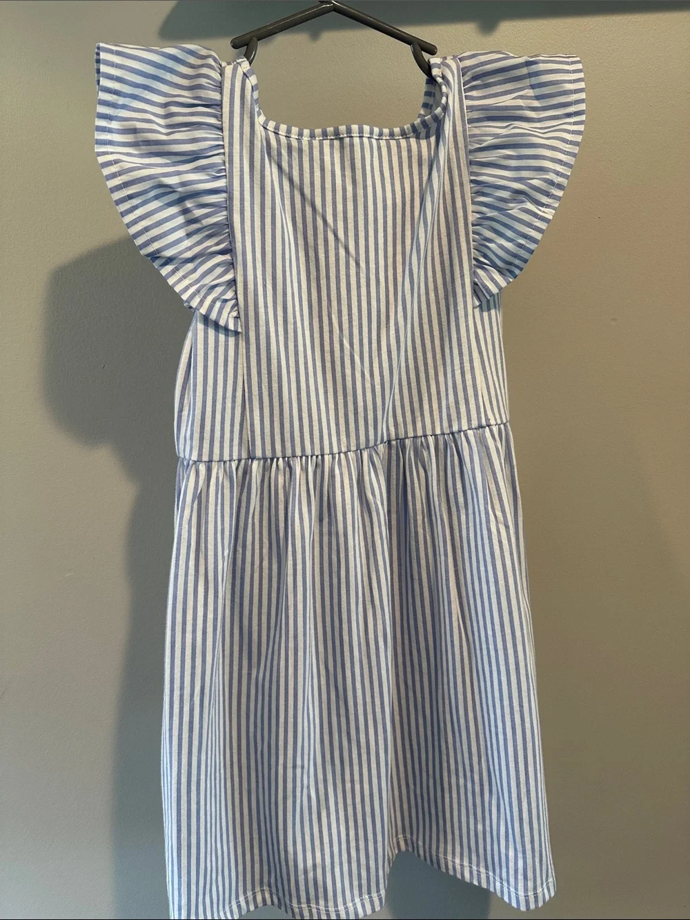 H&M 5T/6 Flutter Sleeve Light Blue & White Stripe Cotton Dress